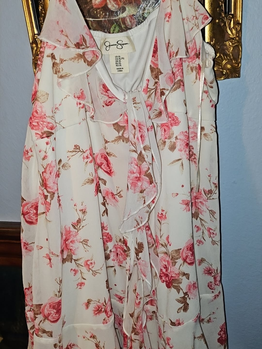 Jessica Simpson Cream Floral Ruffle Tie-Neck Blouse